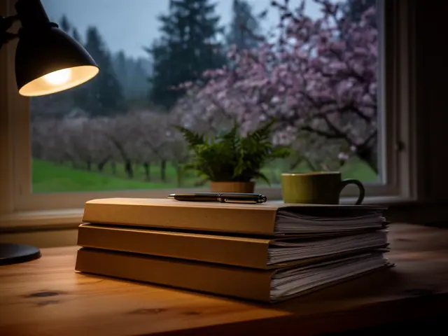 A neat stack of closed manila folders and a pen on a desk by a window.
