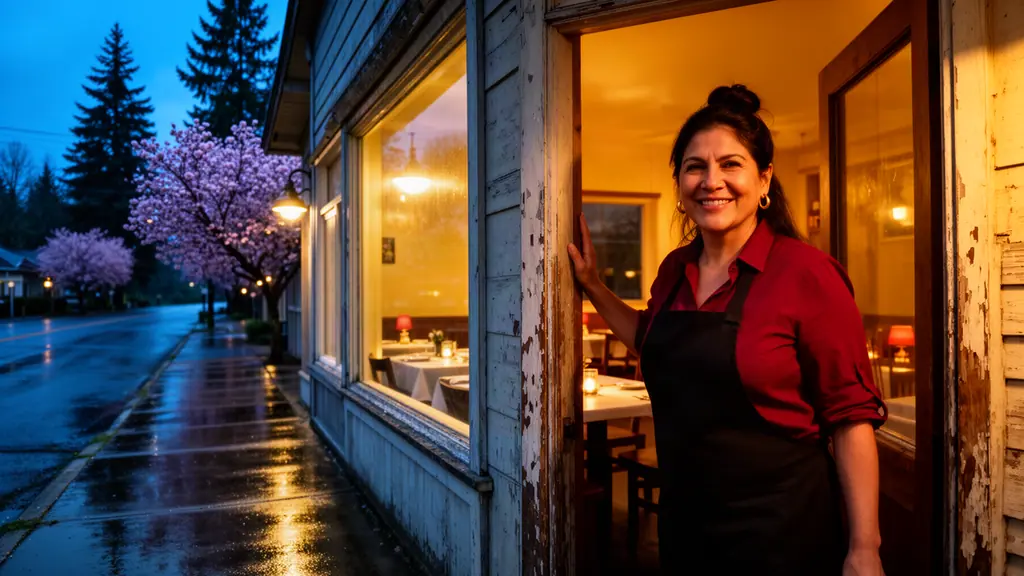 A restaurant owner smiling in the open doorway of her warmly lit family restaurant on a wet street at dusk.