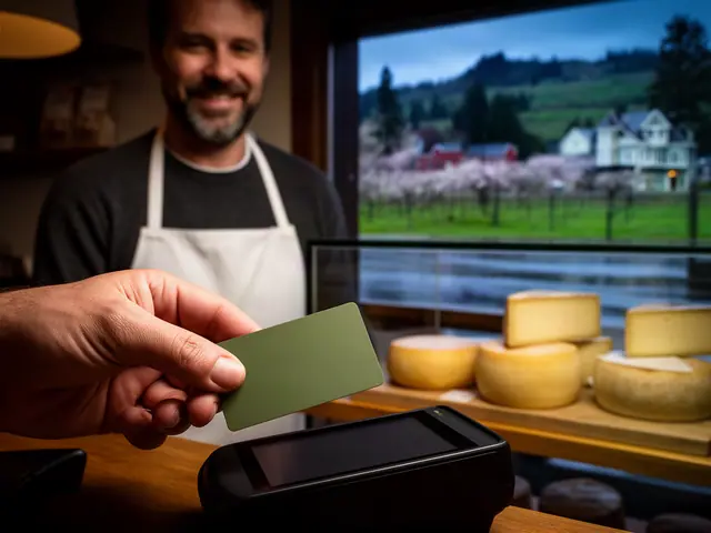 A customer taps a card on a counter terminal at a small cheese shop.