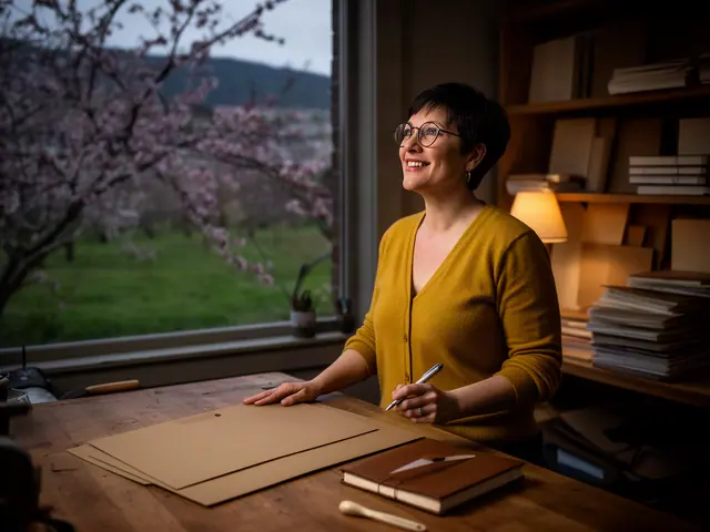 A bookbinder at her worktable with leather-bound blank journals, a bone folder and a closed folder.